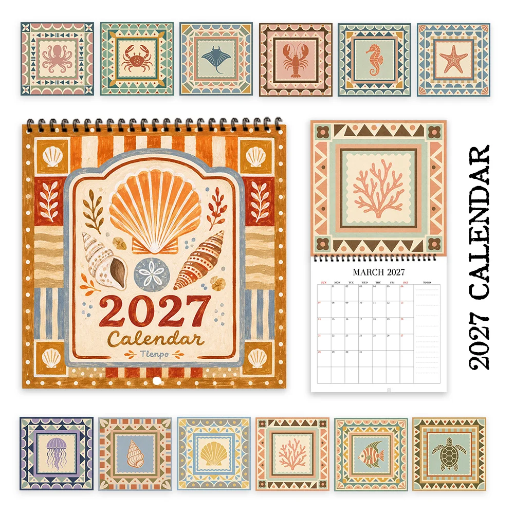 1pc 2027 Folk Style Marine Life Wall Calendar,12‑Month Planner,Gift For Back‑to‑School,Christmas,New Year,Free Stickers Included