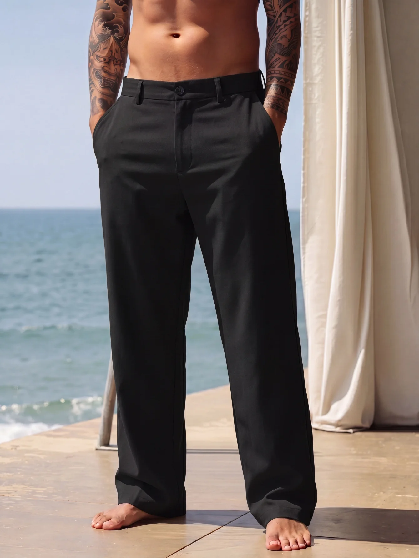 2026 New Male European and American Men's Linen Solid Color Casual Suit Pants New Fashion Beach Wide-Leg Trousers