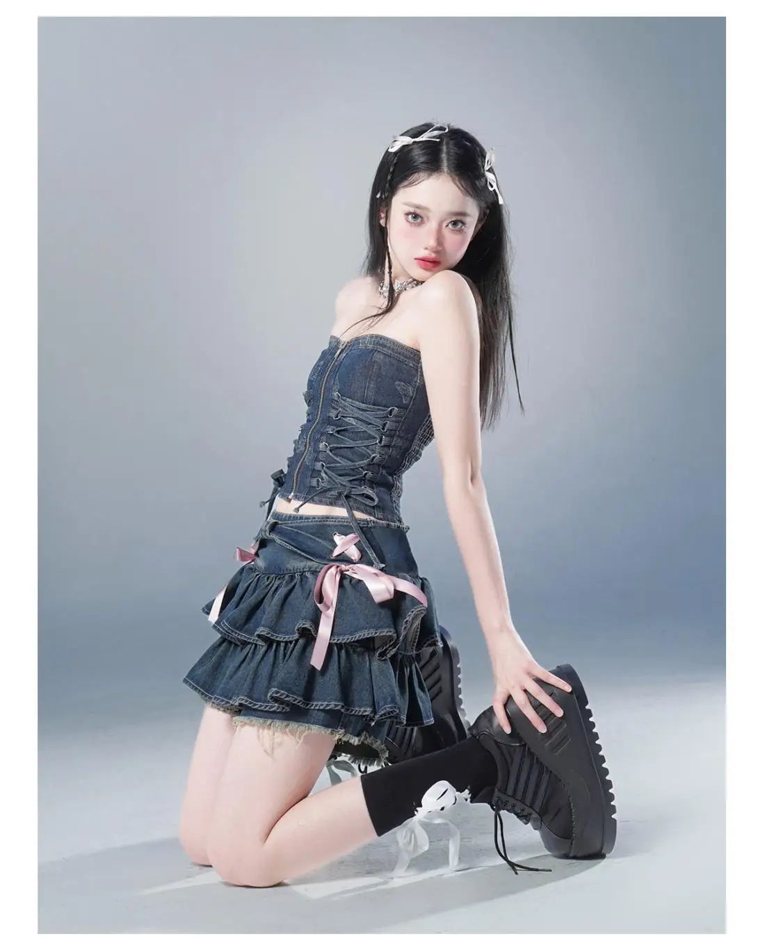 Blue denim pleated women skirt Spicy Girl A-line slim short skirt design 2023 new high quality half body y2k black plaid skirts