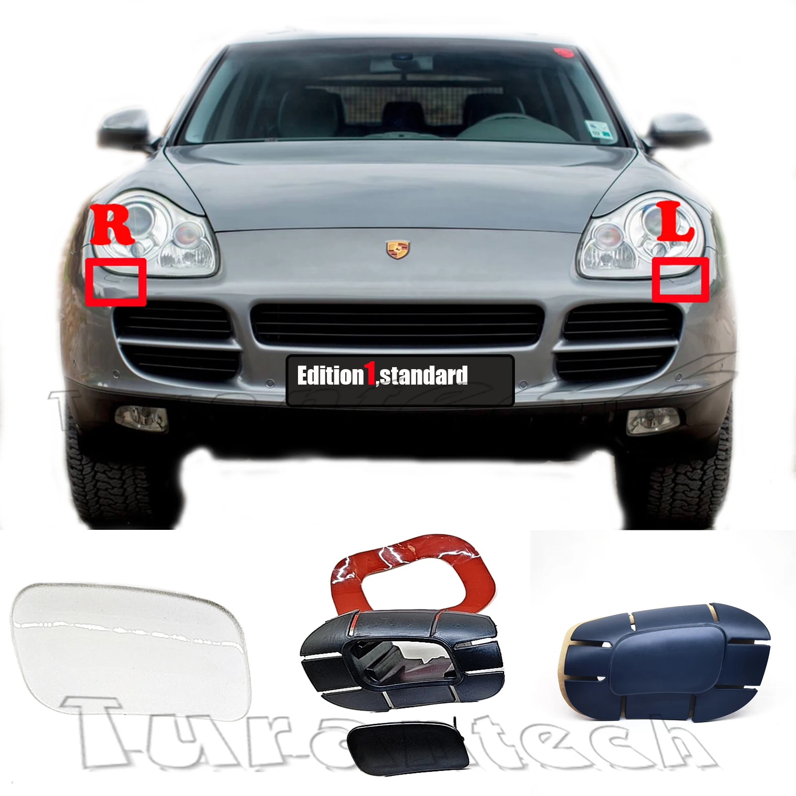 Osłona spryskiwacza reflektora do Porsche Cayenne 9PA 955 (roczniki 03-06) pasuje do wersji Basic Base S Sport D9K D9J, przednia listwa ozdobna, strona lewa/prawa, dysza spryskiwacza reflektora.