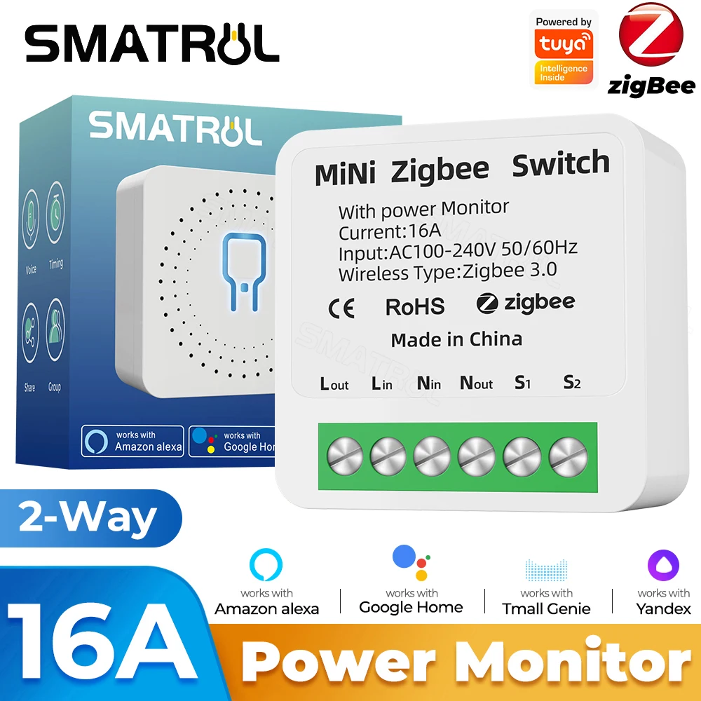 Tuya Power Monitor Zigbee 16A Mini Wifi Smart DIY Switch Light  2 Way Timing Control Automation Module APP For Alexa Google Home