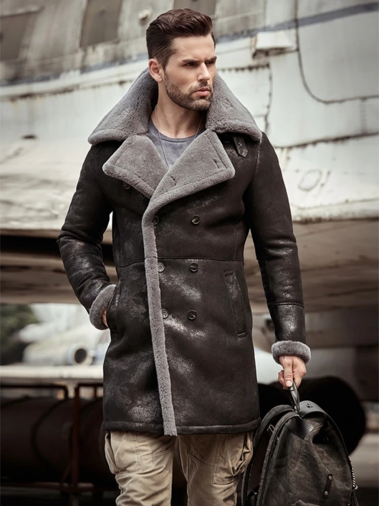 

Mens Brown Shearling Coat B3 Flight Jacket Sheepskin Aviator Long Winter Fur Overcoat Bomber Leather Parkas