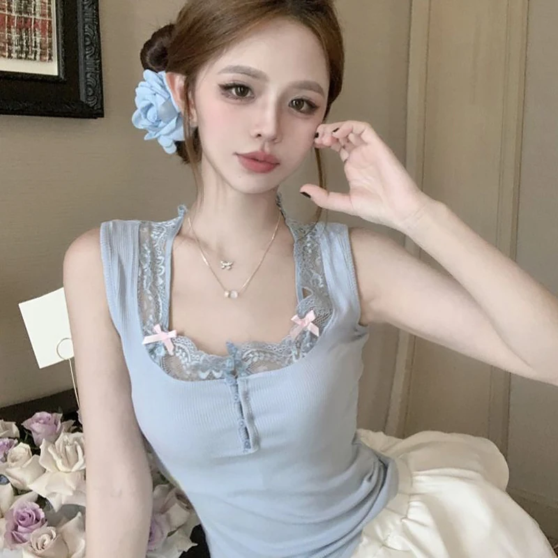 Rompi Kamisol Rajutan Trim Renda Kasual Manis Ramping Ikatan Simpul Fashion Musim Panas untuk Wanita