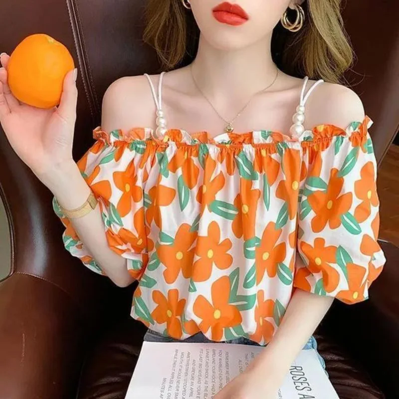 Women Clothing Casual Fashion Simplicity Floral Sling Short Sleeve Tops Women Summer Sexy Trend Temperament Off Shoulder Shirts