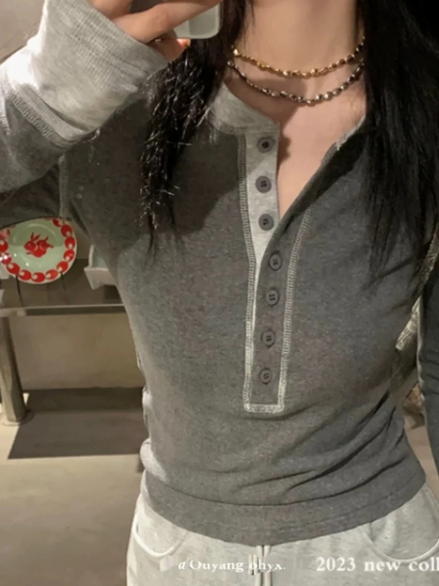 Korean Style Long Sleeve Henry Collar T-Shirt Women's Slim Fit  Color Inner Wear Base Shirt Grey Top Fashion Design