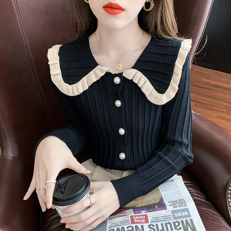 Sweet Peter Pan Collar Spliced Button Folds Sweaters Women\'s Clothing 2024 Autumn Winter Solid Color Casual Cardigan Tops