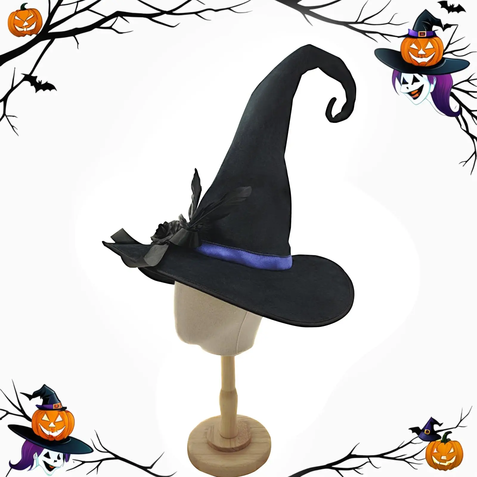 Wide-Brim Black Velvet Witch Hat with Feather Accents - Gothic Halloween Costume Accessory for Women, Cosplay, or Photo Shoot