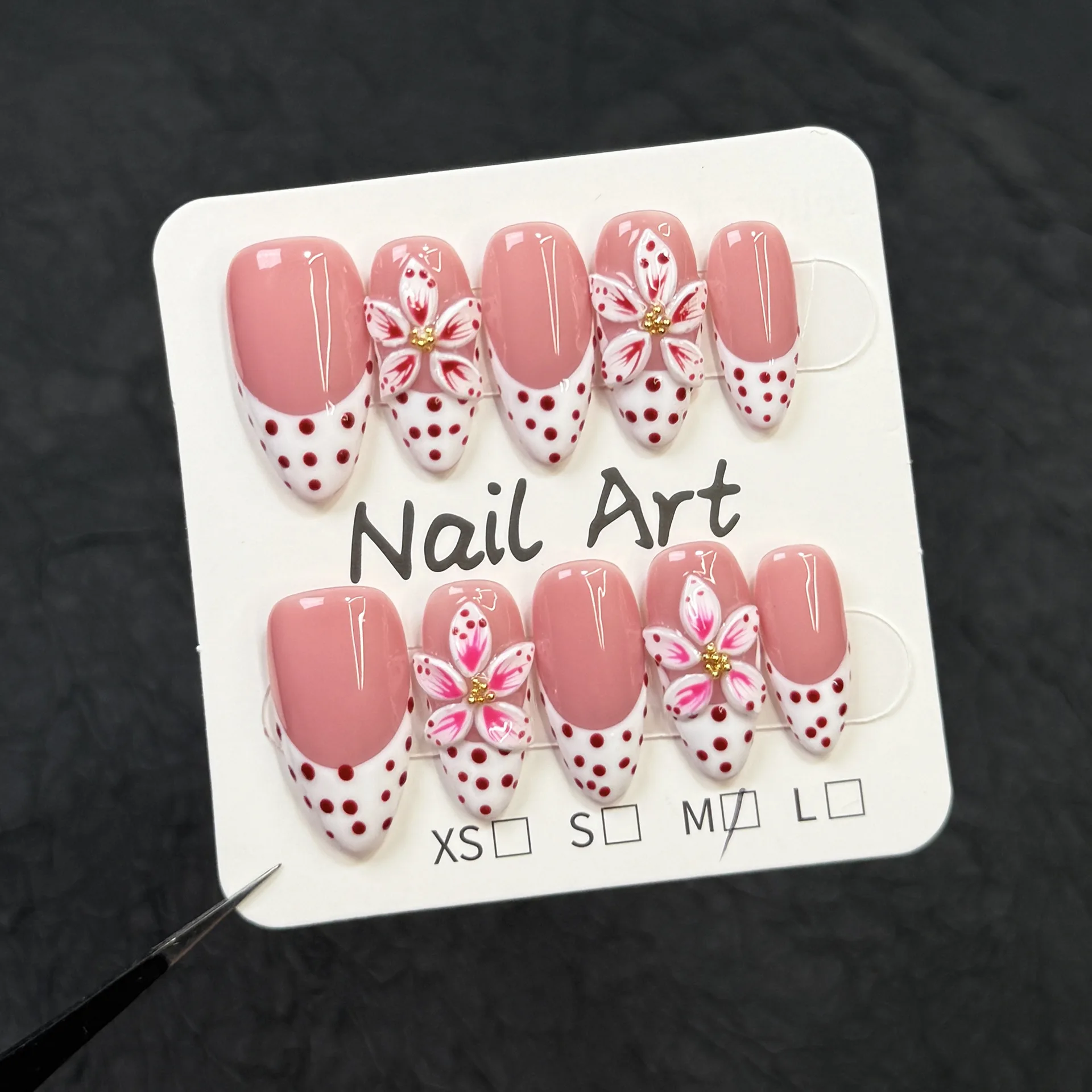 10Pcs Nude Pink Fake Nails Handmade French Polka Dot White Tips Press on Nails Almond Wearable Stick on Round Head False Nail