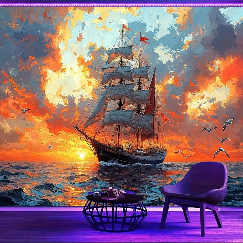 1PC Sailboat Sunset Art Print Backdrop Banner, Bedroom Living Room Photo Background, Polyester, Home Decor, Wall Art