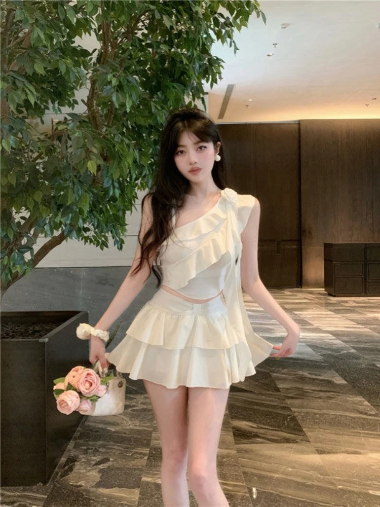 Summer 2024 Japanese 2 Piece Skirt Set Women Off-the-Shoulder Sexy Y2k Crop Top Slim Fit Ruffle Y2k Mini Skirt Chiffon Korean