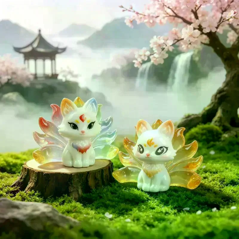 Cute Nine-tailed Fox Resin Charms Cartoon Animal Figurines DIY Keychain Pendants Mini Desktop Car Ornaments Craft Supplies