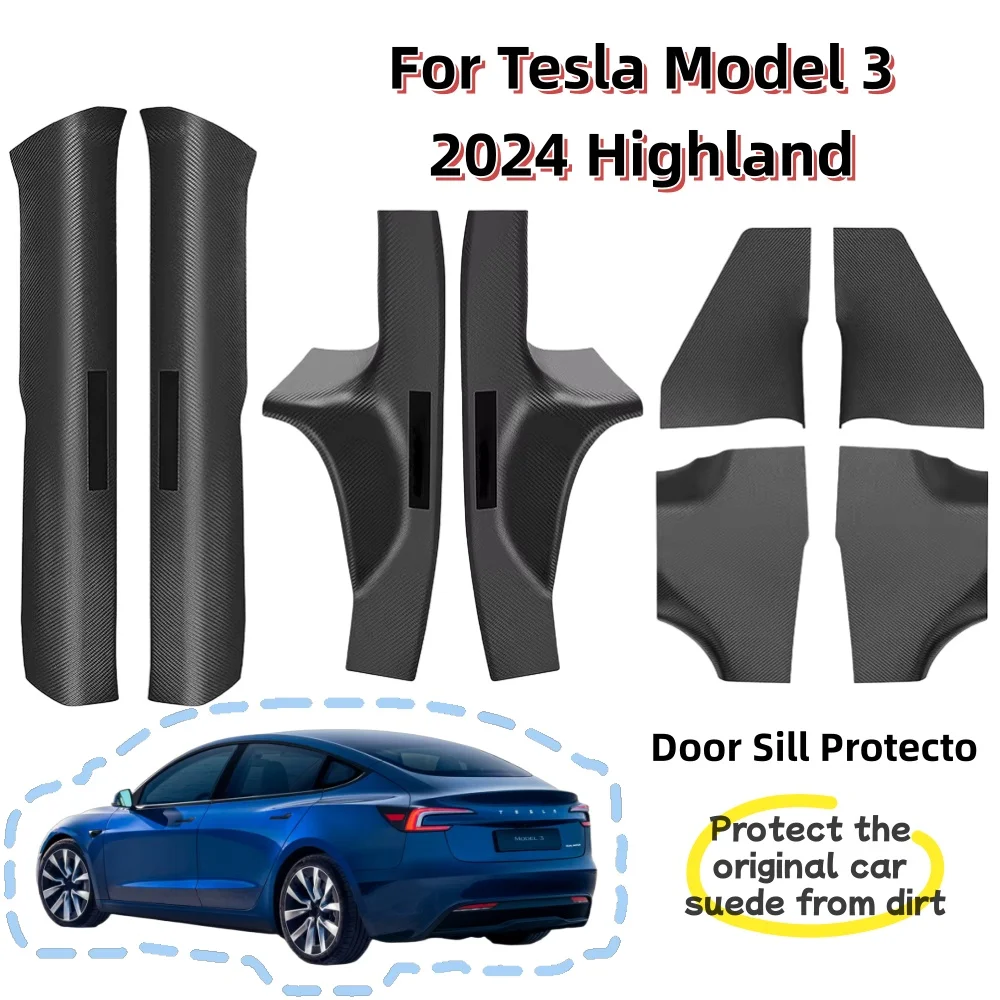 

For Tesla Model 3 2024 Highland 8PCS Door Sill Protector Carbon Fiber Pattern ABS Front Rear Door Entry Guard Decoration Scuff