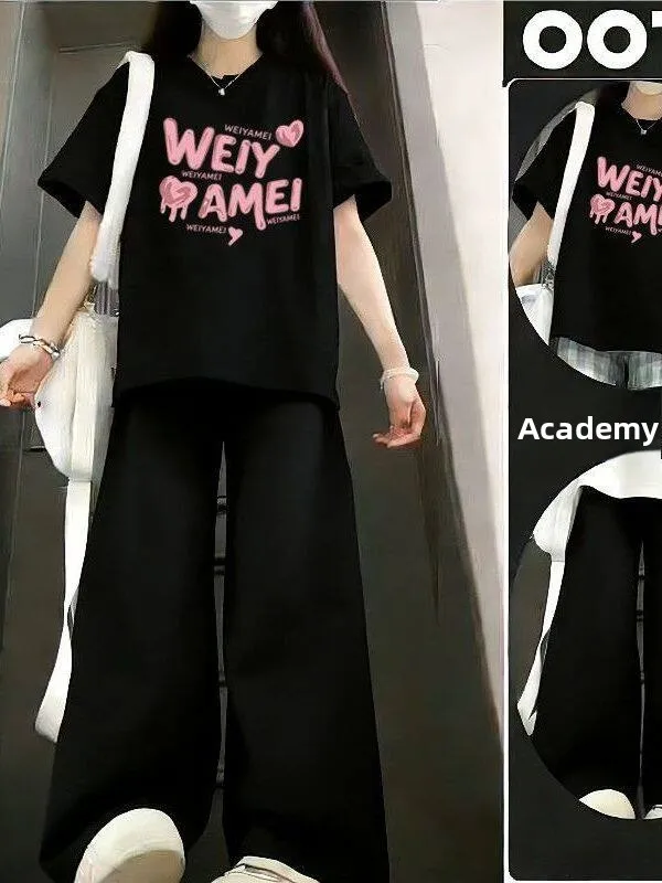 

plus Size Casual Sportswear Set Women's Short Sleeve T-Shirt Wide Leg Pants Korean Style Two-Piece Summer Outfit for plus Size