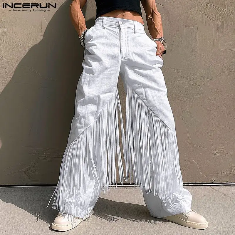 INCERUN Men Pants Tassel Patchwork Button Joggers Loose Casual Trousers Men Streetwear 2024 Fashion Male Straight Pants S-5XL