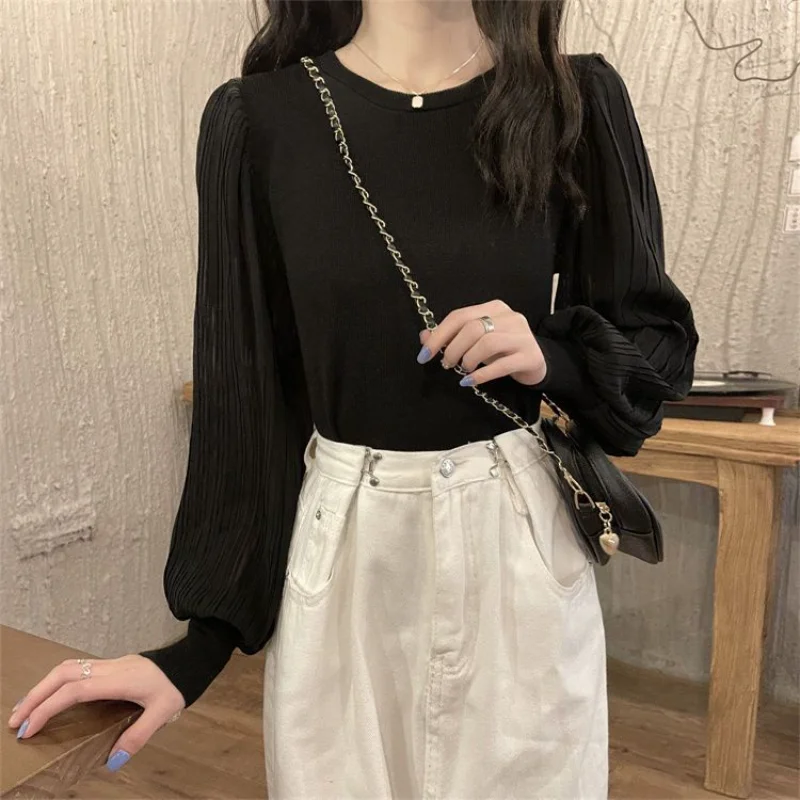 Suéter de malha de retalhos de manga comprida plissada Top base de cor sólida fina