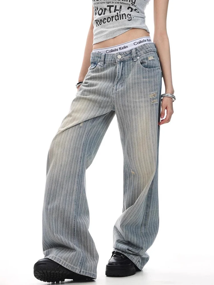 Vintage American Flag Striped Distressed Denim Jeans Loose Fit High Street Micro Flare Trousers for Men Women Casual Style