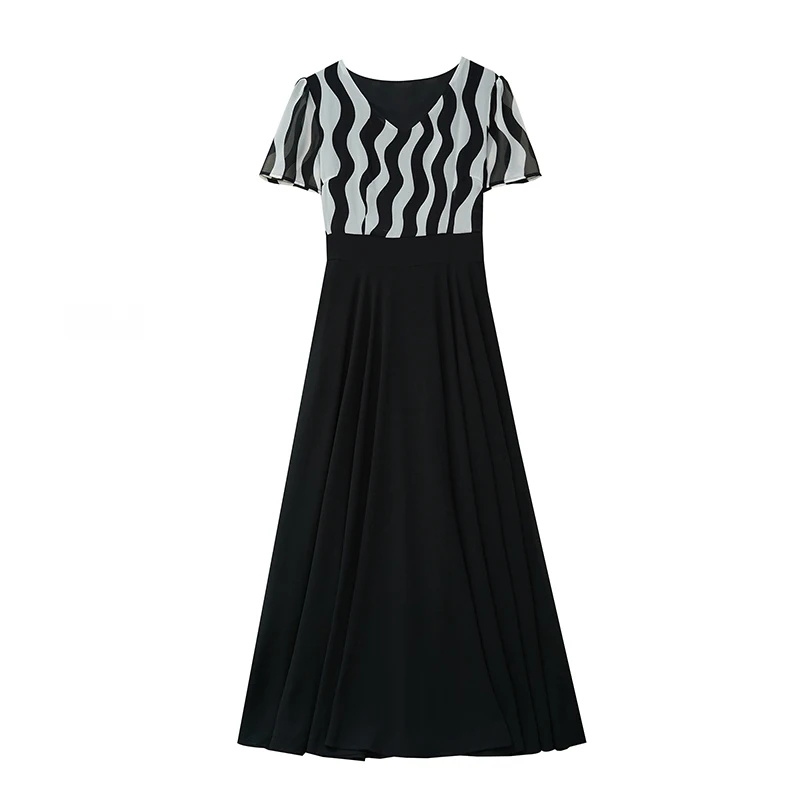 2025 Summer New Chiffon Casual Striped Dress Black Vintage Slim Fit Party Long Dress for Women Elegant Luxury Chic Prom Vestidos