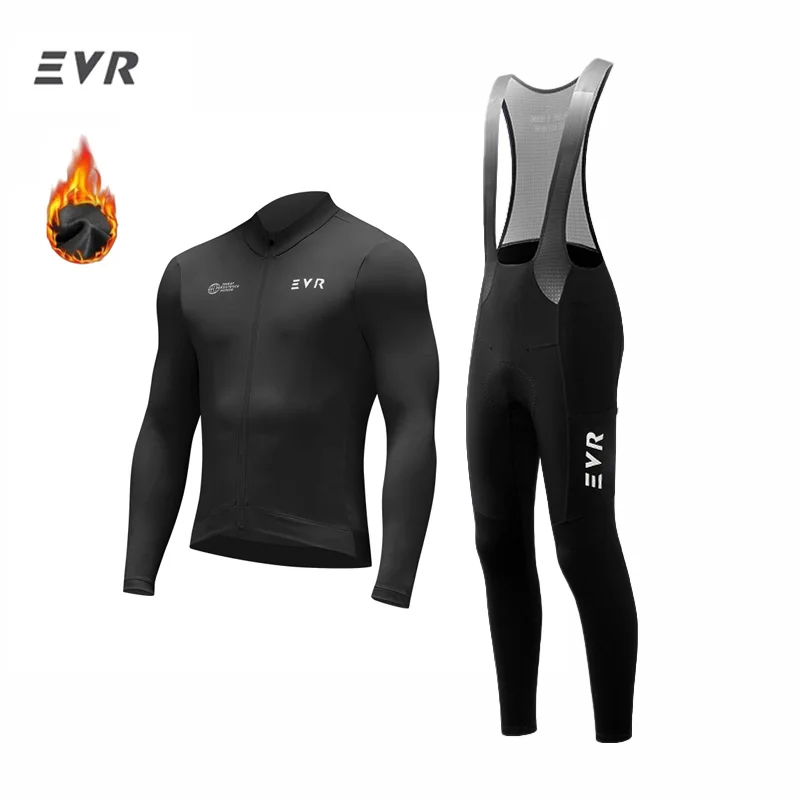 EVR heren winterfleece fietsset, thermische lange mouwen jersey, bibbroek, warm, ademend, sneldrogend, racefiets MTB fietspak
