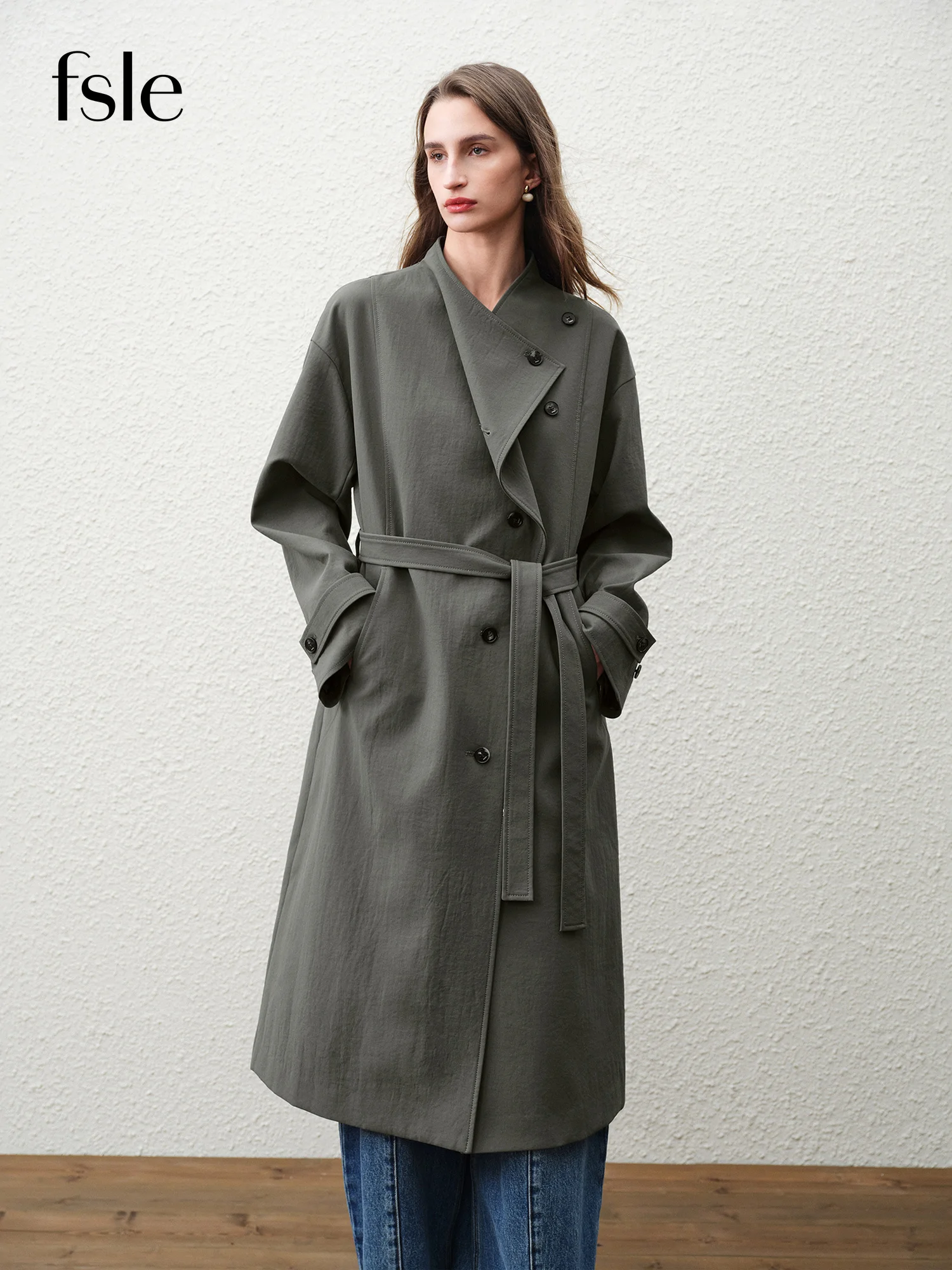 FSLE 【Premium Series】 Elegant Sophisticated Long Green Trench Coat with Stand-up Collar Dropped Shoulders New Style Spring 2026