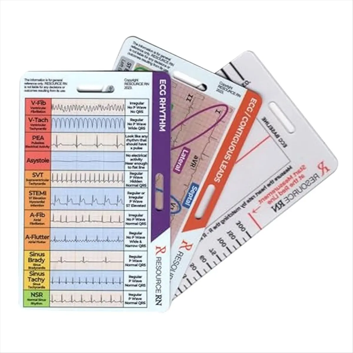 AA14 EKG Badge Card Set -3pcs Quick Reference for 12-Lead STEMI, Cardiac Rhythms & Intervals (Vertical/Horizontal)