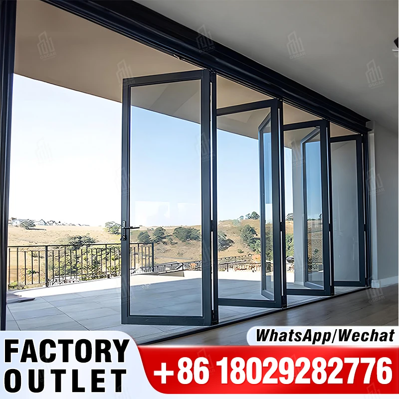 Oscaracso pintu eksterior Aluminium komersial, pintu lipat teras eksterior lapisan ganda profil Aluminium Villa