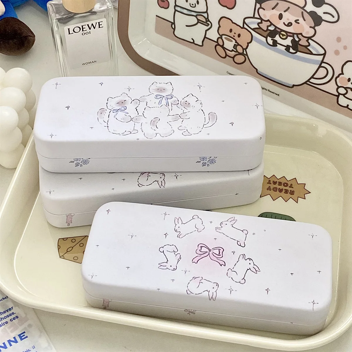 KLASSNUM Cute Cartoon Cat Dog Glasses Box Girls Portable Myopia Sunglasses Storage Case PU Leather Eyeglasses Box Accessories