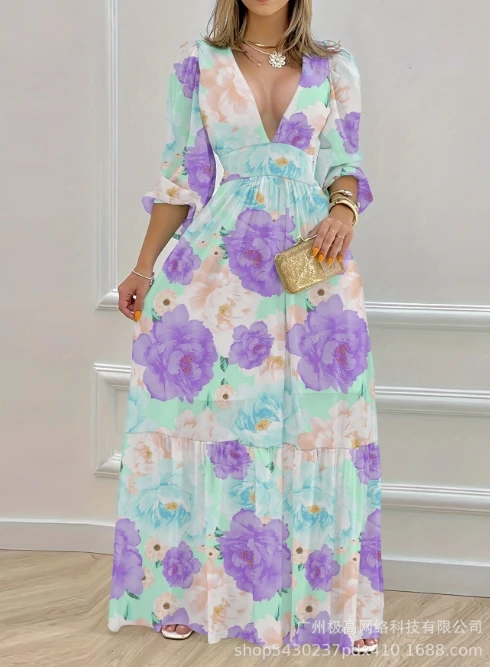 

Womens Dresses 2024 Summer Flower Print V-Neck Lantern Sleeve Casual High Waist Long Sleeved Daily A-Line Vacation Long Dress