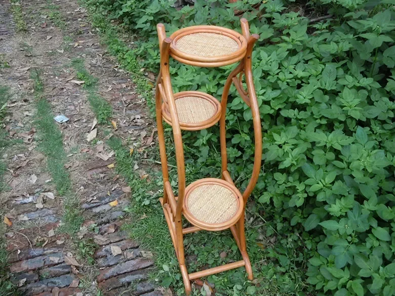 Handmade assembly of rattan wood and rattan art flower racks, Indonesian rattan three-layer flower racks, balcony, courtyard dec