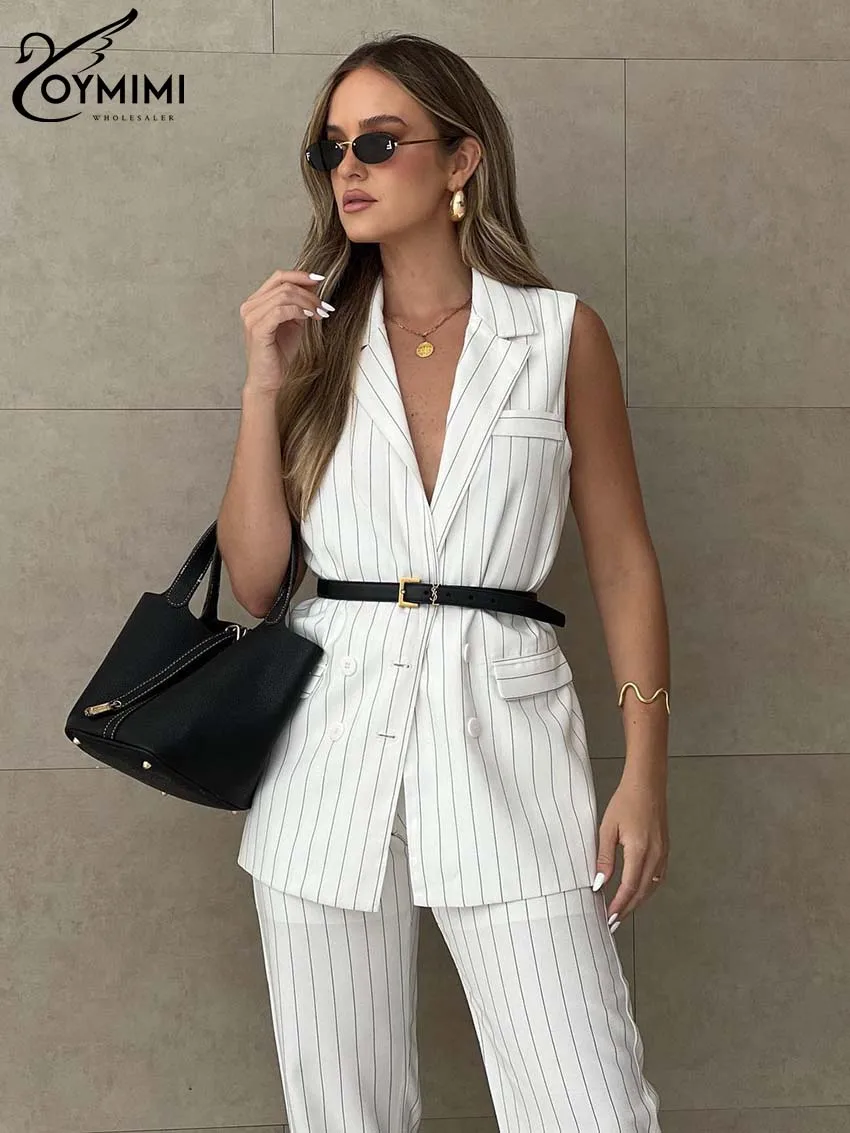 Oymimi Fashion White Print Sets For Women 2 Pieces Elegant Lapel Sleeveless Button Shirts And Straight Ankle-Length Pants Sets