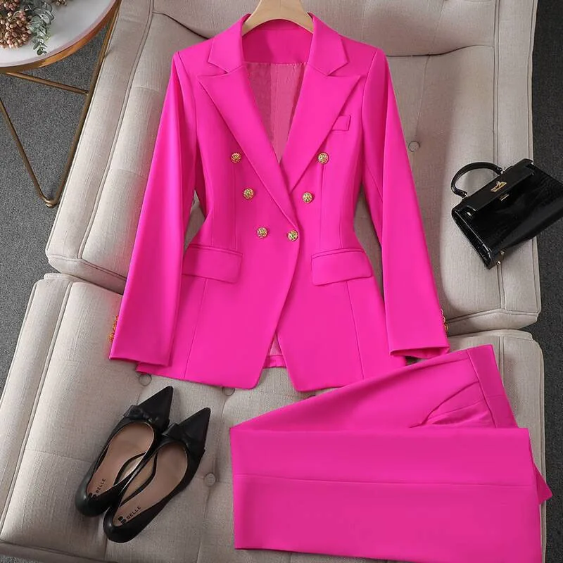 

Retro Korean Ladies Two-Piece Set Double Breasted Blazer Long Sleeve Slim Stylish Coat Casual Loose Pants Office Fashion Outfit