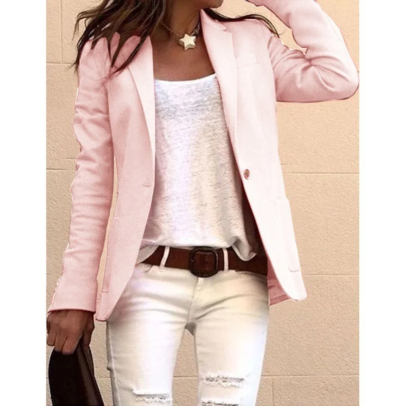 Basic Candy Color Suit Jacket Slim Fit Button Down Lapel Collar Long Sleeve Pockets Commuter Office Lady Outerwear Blazer Coat