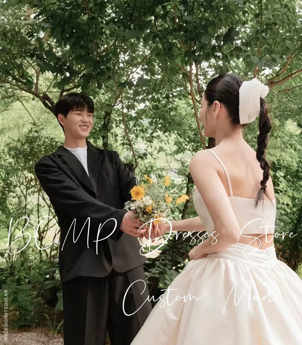BOMP بسيط 2 قطعة فستان الزفاف السباغيتي حزام الطية طول الأرض الحرير العاجي التفتا كوريا صورة تبادل لاطلاق النار فستان زفاف مخصص
