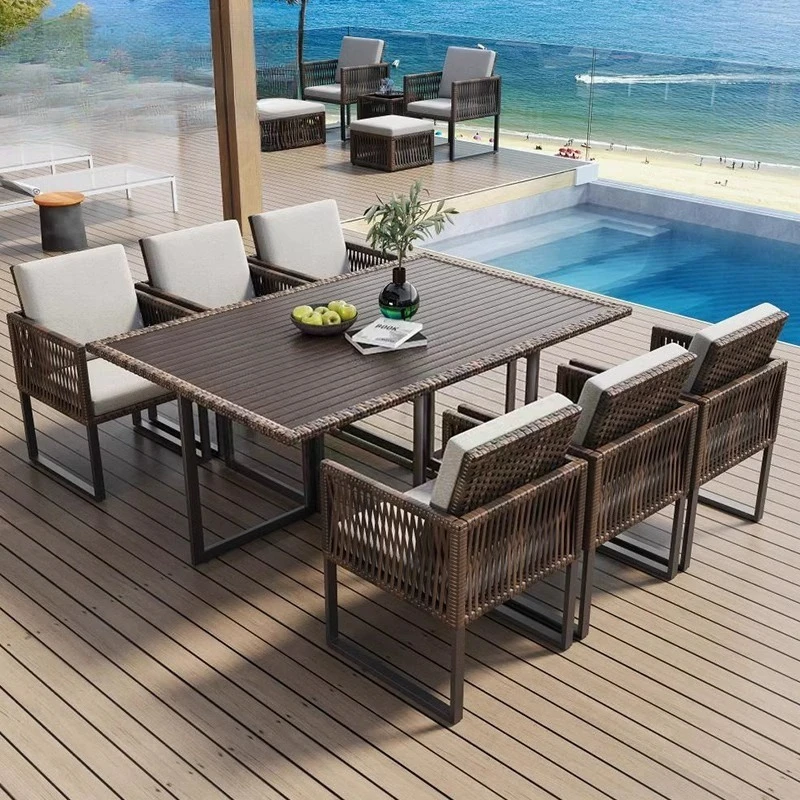 Villa courtyard terrace tables and chairs waterproof and sunscreen rattan long table hotel homestay open-air dining table rattan