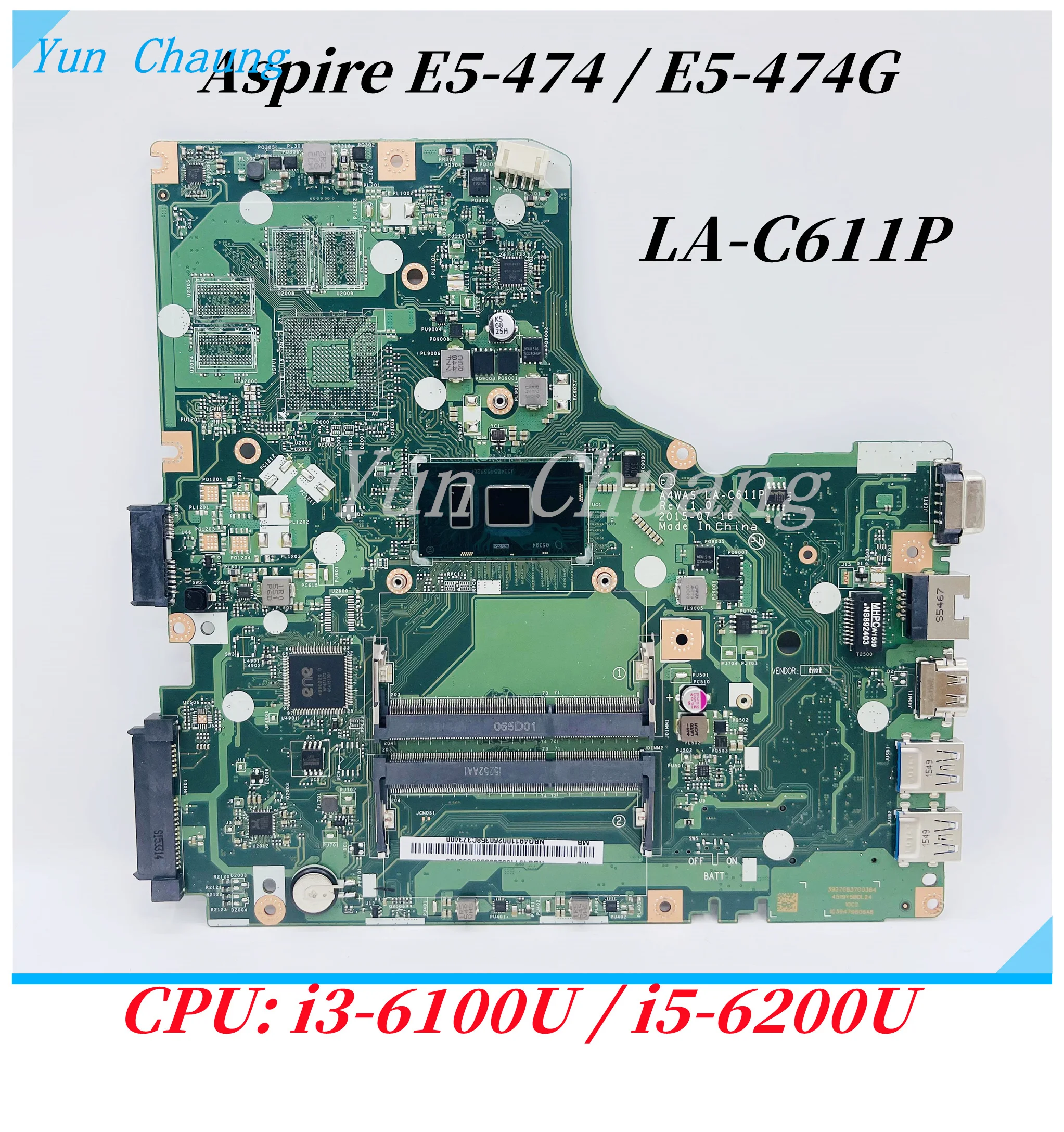 

A4WAS LA-C611P Mainboard For Acer Aspire E 14 E5-474 E5-474G P248-M P248 Laptop motherboard With i3-6100U/i5-6200U CPU UMA DDR3L