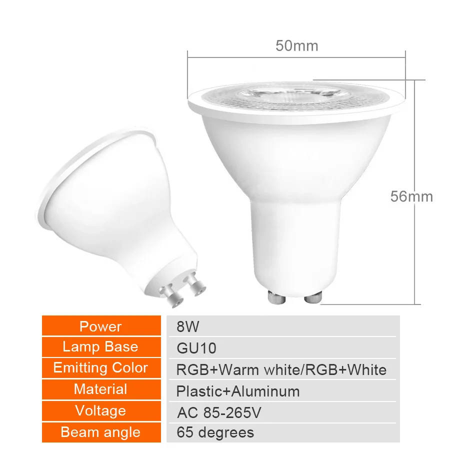 GU10 LED Bulb Light 16 Colors RGB Dimmable Changeable 8W Spotlight Memory Function with IR Remote Control RGBW Warm White