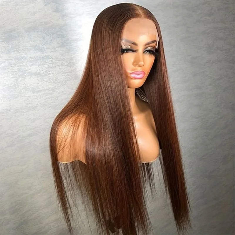 Brown Soft Preplucked Soft 26“Long Straight 180Density Lace Front Wig Synthetic For Women Heat Resistant Glueless