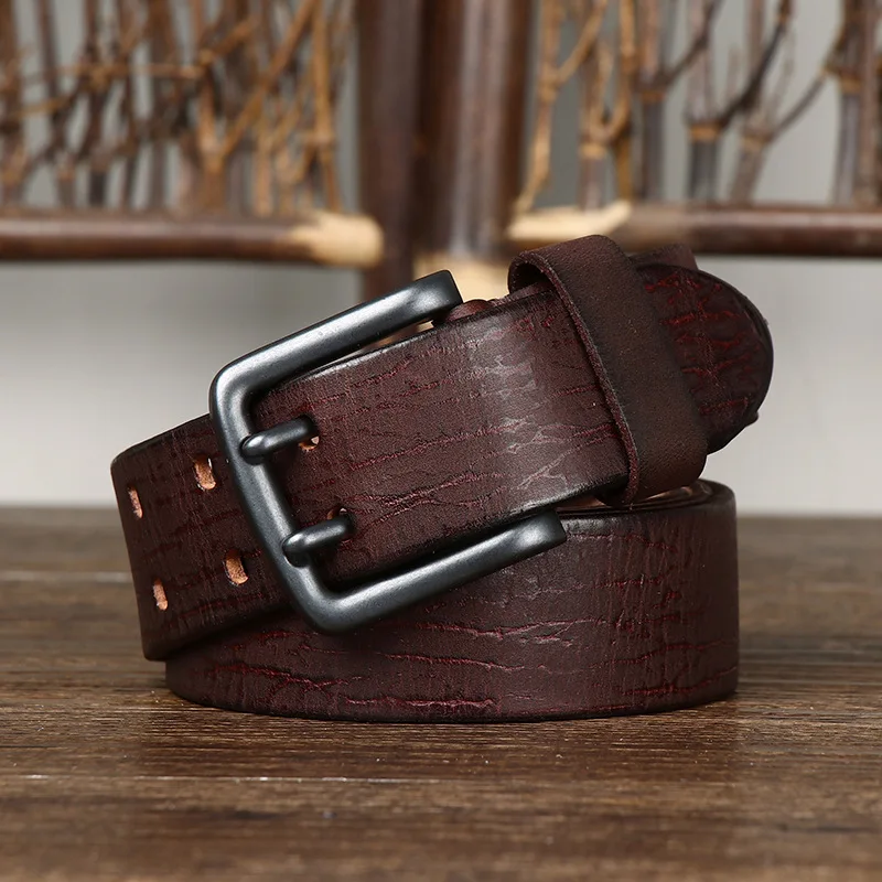 Men's Retro Personality Trend Crack Double Pin Buckle Genuine Leather Belt Denim Casual Belt