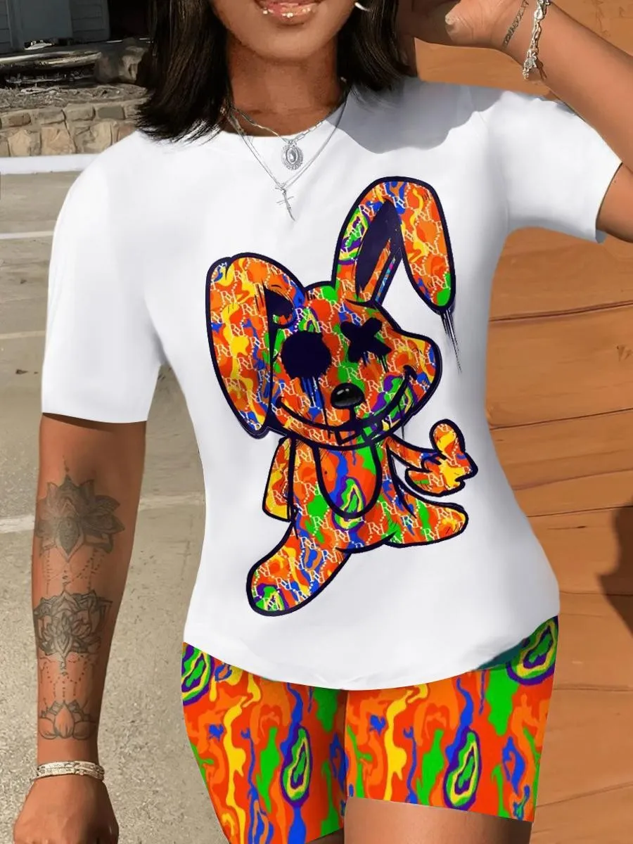 

LW Cartoon Print Shorts Set Women 2025 Summer Fashion Round Neck Short Sleeve T-shirts Casual Shorts 2 Piece Sets Women Outfit