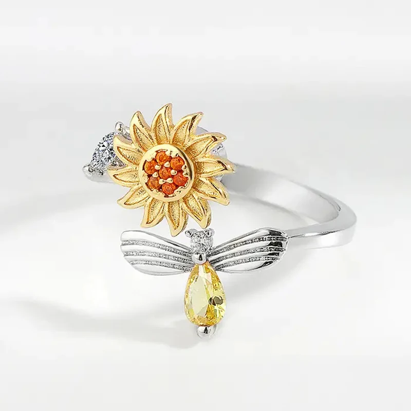Huitan Delicate Two Tone Women Opening Ring Sunflower Bee Design Party Daily Fashion Accessories Inlaid CZ Fresh Chic Jewelry