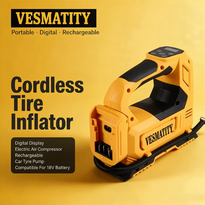 Cordless Portable Digital Tire Inflator Electric Air Compressor Rechargeable Car Tyre Pump Power Tool Compatible For 18V Battery