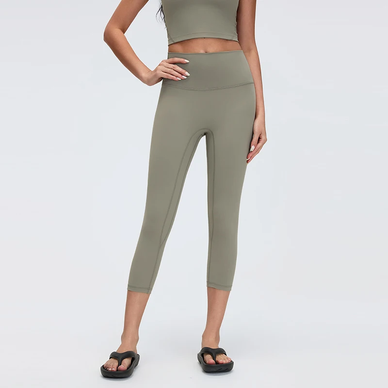 Women Tight High Waist Capri Yoga Pants No Front Seam Hip Push Up Running Workout Leggings with Hidden Pocket