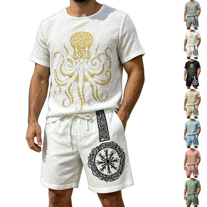 

Loose Fit Men's Summer Bamboo Leaf Print T-Shirt And Shorts Set round Neck Short Sleeve Lightweight Comfortable Youth Fashion