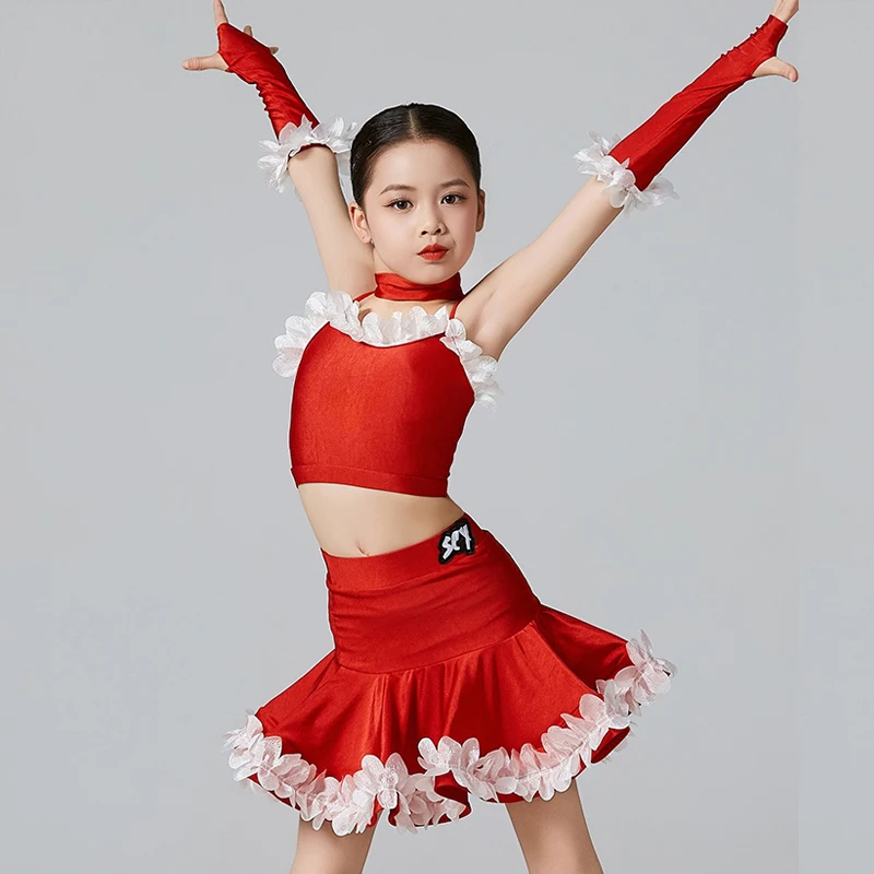 2025 verano niñas traje de baile latino rojo niño ropa de baile profesional niños Chacha Samba Rumba Salsa vestidos de baile XS7938