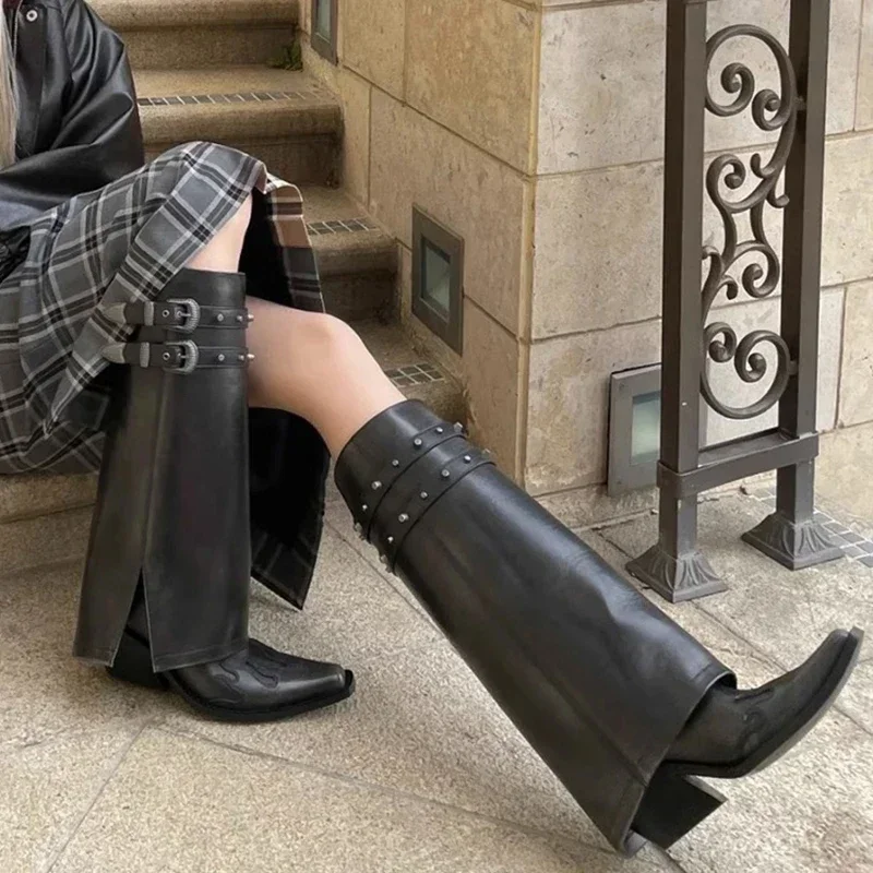 2024 Fashion Slip on Long Pipe Women Boots Autumn Cowboy Boots Female Square High Heel Trend Winter Female Shoes Size 35-40