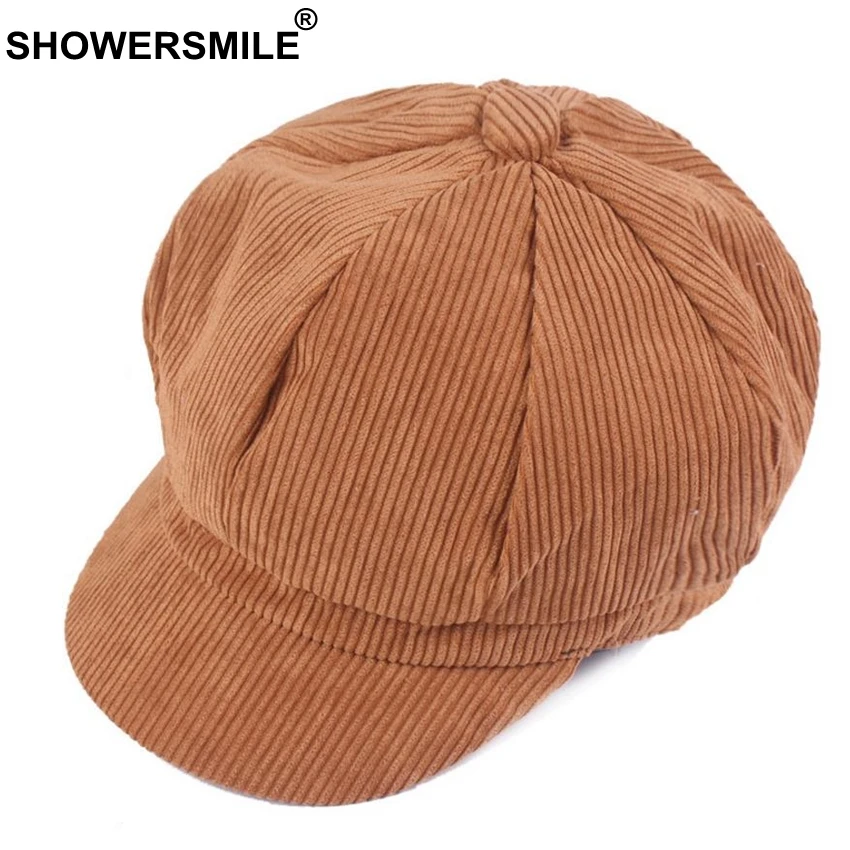 

SHOWERSMILE Corduroy Newsboy Hat for Women Octagonal Cap Beret Vintage British Winter Autumn Khaki Painter Eight Panel Cap