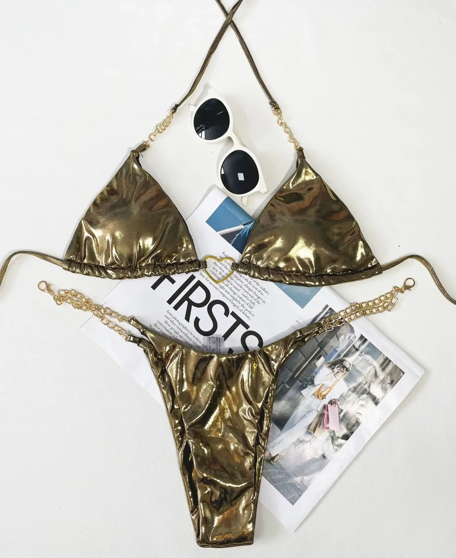Sexy Metallic Heart Linked Halter String Chain Bikinis Sets Two Pieces Thong Swimsuits Beachwear Summer Holiday Outfits Biquini