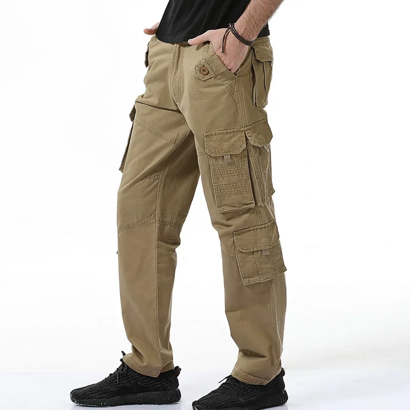 Large Size Men's Multi-pocket Overalls Loose Pants Spring Autumn Outdoor Camping Riding Hiking Straight Cargo Sports Trousers