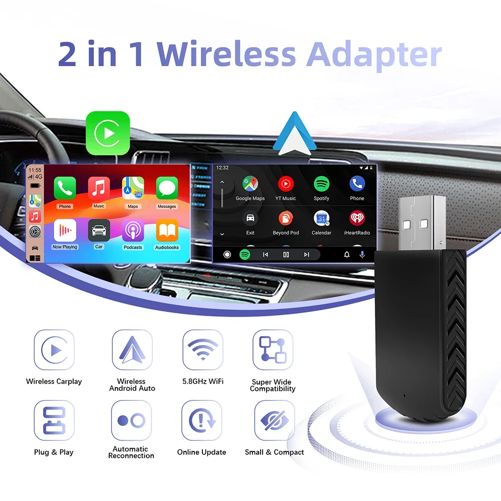 Adaptor nirkabel otomatis Android Carplay, untuk Toyota Mazda Nissan Camry Suzuki Subaru Citroen Audi Mercedes Kia Ford Opel Spotify BT