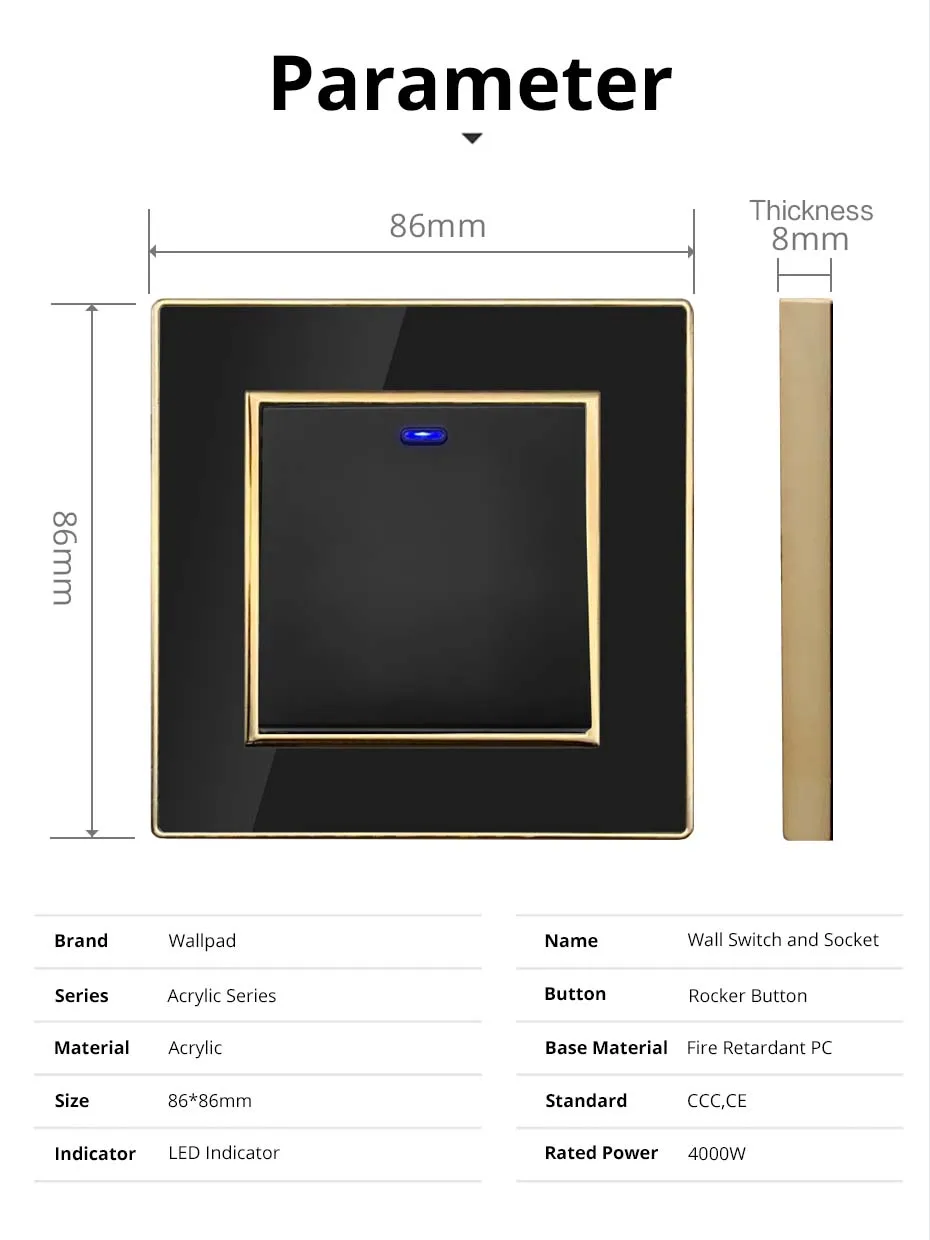 Wallpad EU-Steckdose mit USB, schwarzes Acryl-Panel mit goldenem Rand, 2-Wege-Wandlichtschalter mit LED-Bewegungssensor – Detail 9