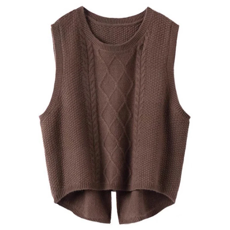 Autumn andWinter New Women\'s 100% Pure Wool Thickened Round Neck Knitted Vest Sleeveless Solid Color Versatile Cashmere Tank Top